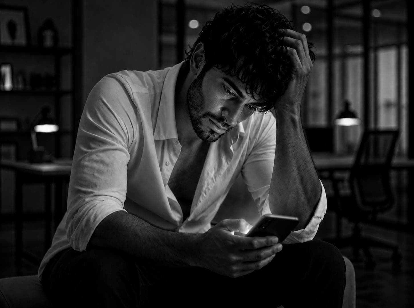 A man seated in a dark room at night, head resting on one hand, lit by the phone held in the other, the room behind him falling out of focus.