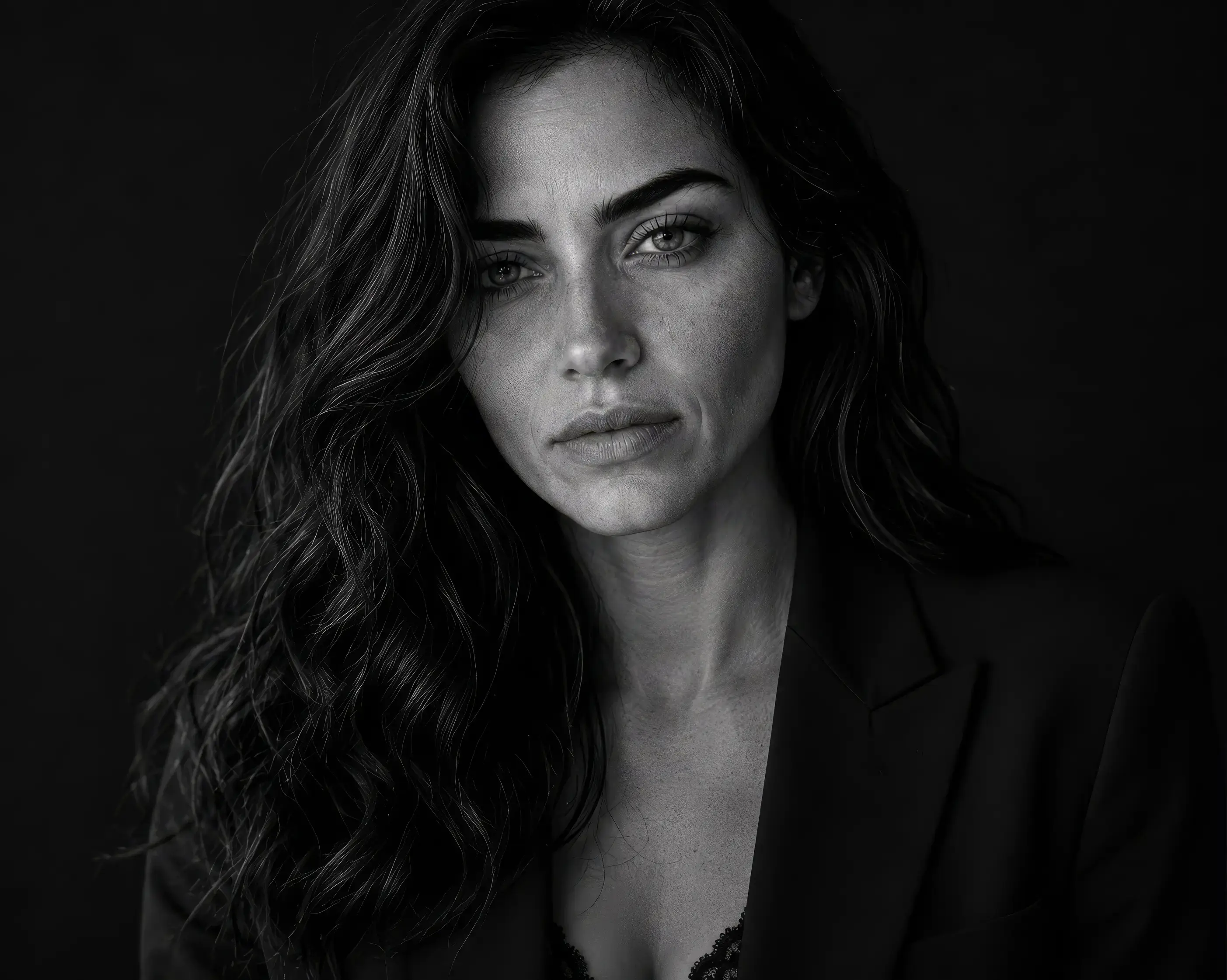 A portrait against a near-black ground, a level gaze straight into the lens, hair falling across one shoulder, in black and white.