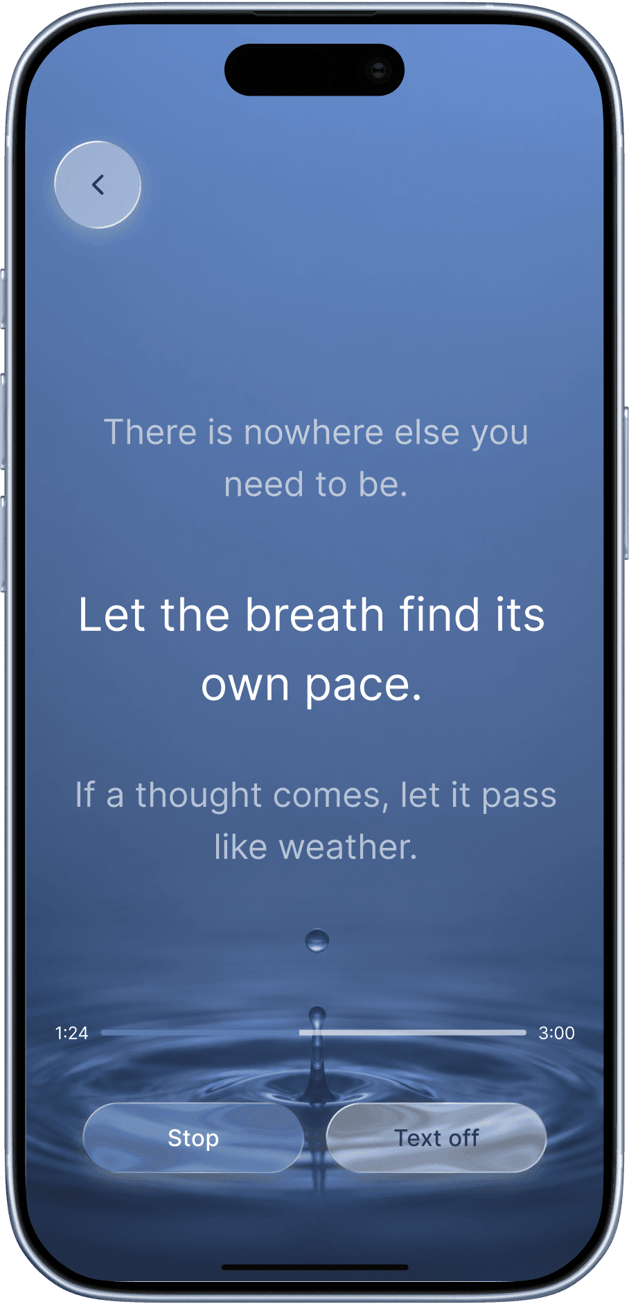 The Auré app, showing a practice in progress: a few short calm lines over a deep blue ground of still water, a progress indicator, and controls to stop or turn the text off.